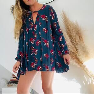 FP FREE PEOPLE Long Sleeve Blue Turquoise Pink Floral Mini Tunic Boho Dress XS